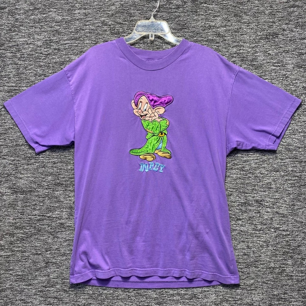 VTG Disney Store Dopey T Shirt Mens XL Purple Embroidered Patch Graphic Tee